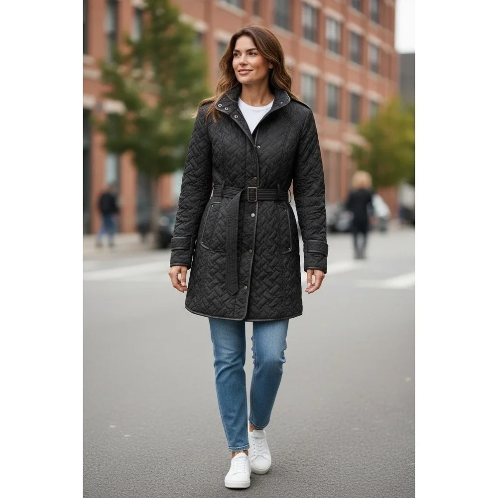 Cole Haan Womens Quilted Trench Coat Belted  Black Lamb Skin Trim‎ Medium